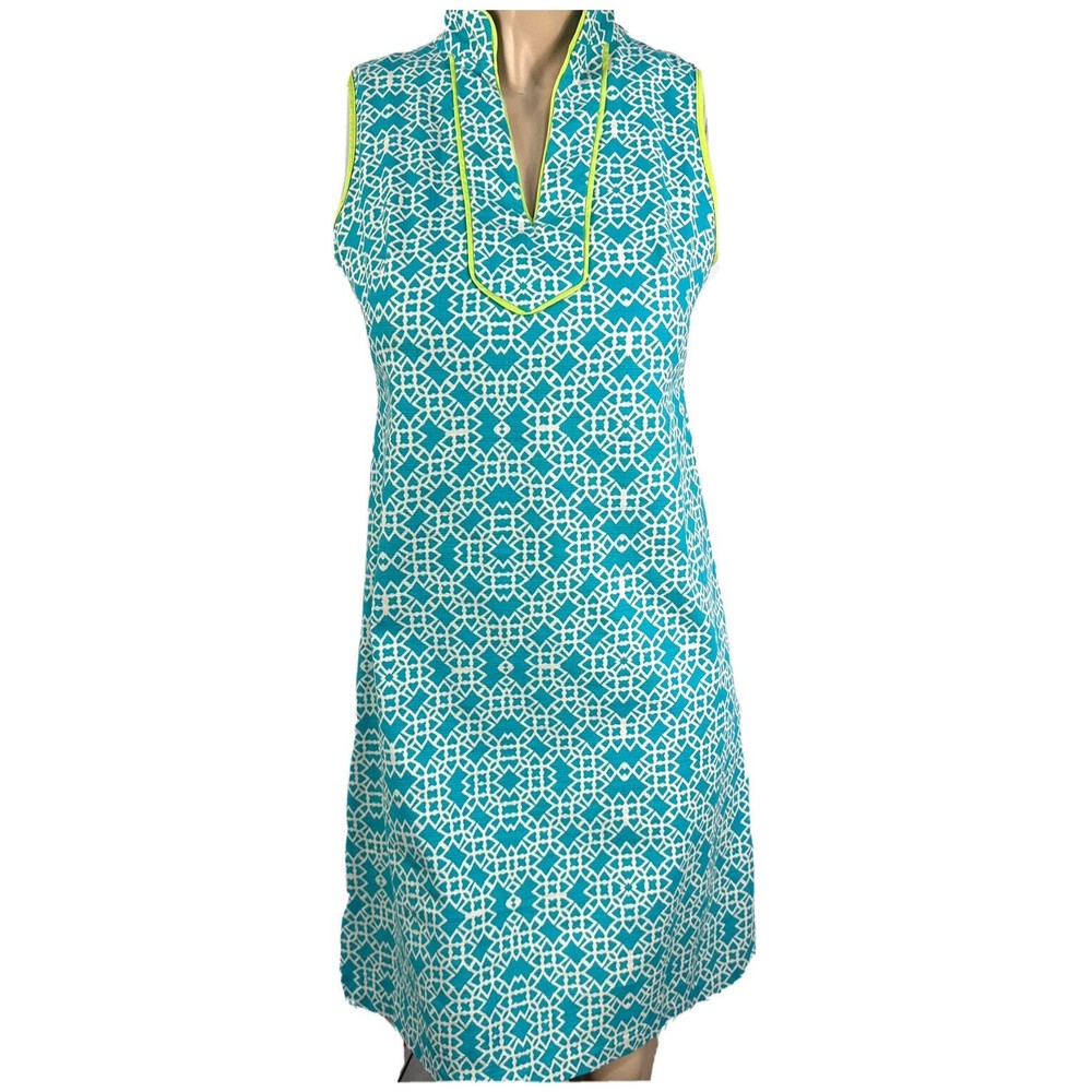 ELIZA J Dress Blue Geometric Print Sleeveless Size 6 Shift Tunic Turquoise Teal